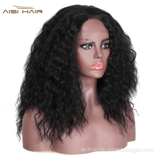 Aisi Hair Wholesale Hot Selling Shoulder Length Fluffy Curly Fiber Pre Plucked Synthetic Hair For Black Women Lace Front Wig